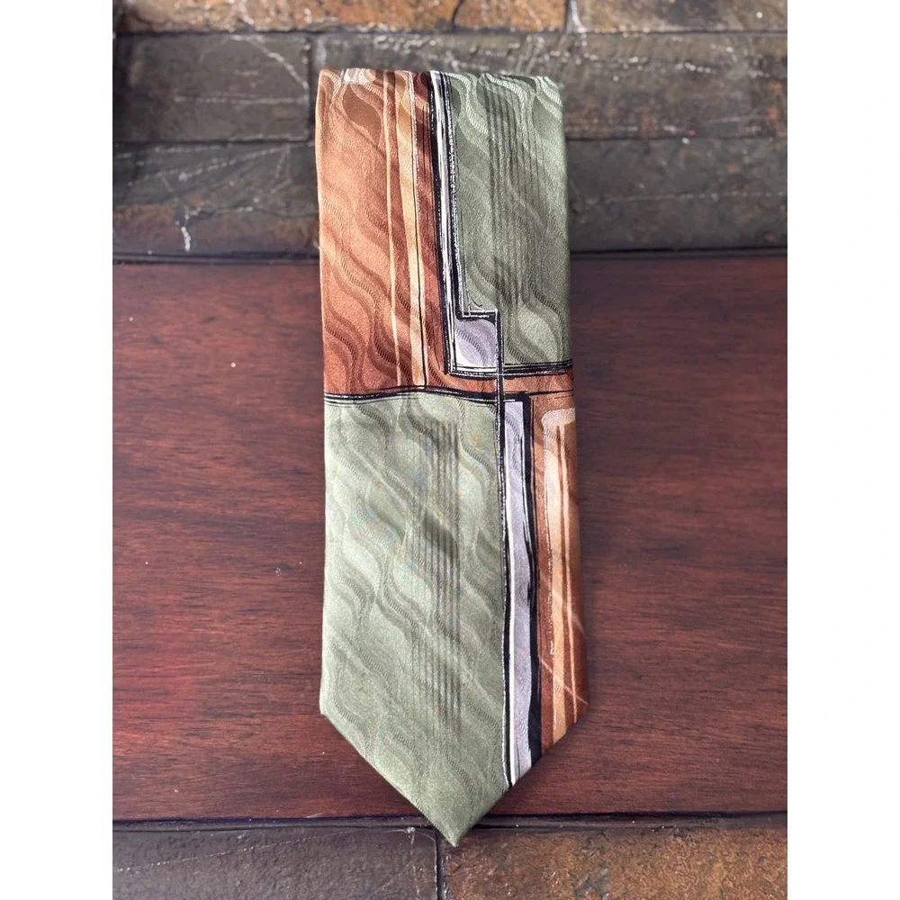 Lot of 2 Arrow USA 1851 Men's Necktie Green Brown Swirl Abstract Business Casual